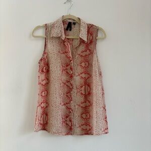 Orange and Tan Snakeskin Print Button Up Sleeveless Blouse